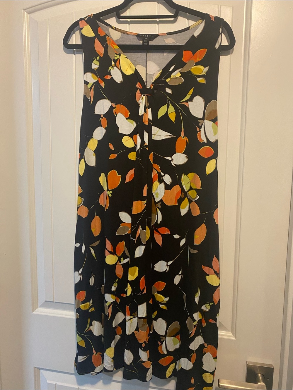 Tribal Black flowy dress with Orange, Yellow & White Leaf Print